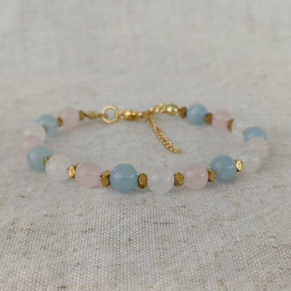 RVS armband met rozenkwarts, witte kwarts & blauwe kwarts – zachte harmonie