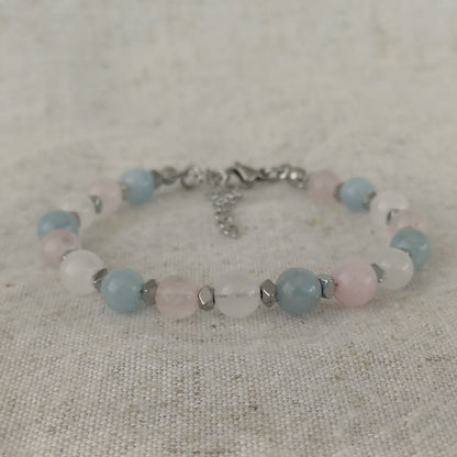 RVS armband met rozenkwarts, witte kwarts & blauwe kwarts – zachte harmonie