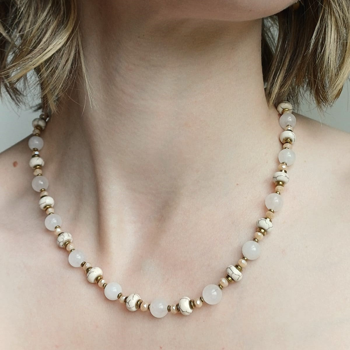 Elegante ketting met turquoise, lotus jaspis & zoetwaterparels – limited edition