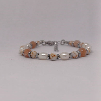 Armband met Zonnesteen, schelpkralen en zoetwaterparels