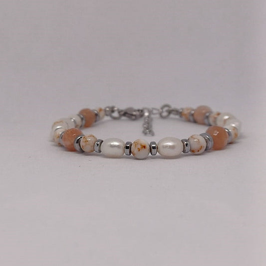 Armband met Zonnesteen, schelpkralen en zoetwaterparels