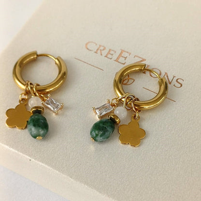 Gouden Mix & Match oorbellen met mosagaat, witte kwarts en zirkonia