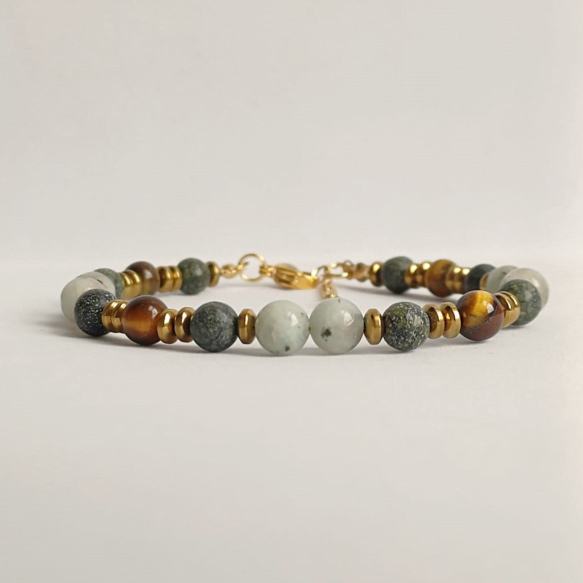 Edelsteen armband met kwarts, tijgeroog en groene jaspis