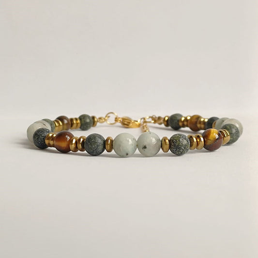 Edelsteen armband met kwarts, tijgeroog en groene jaspis