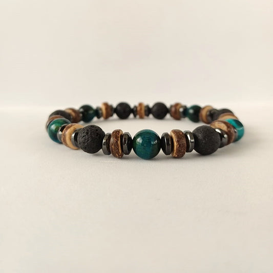 Herenarmband met lavasteen, blauwe agaat en houten kralen