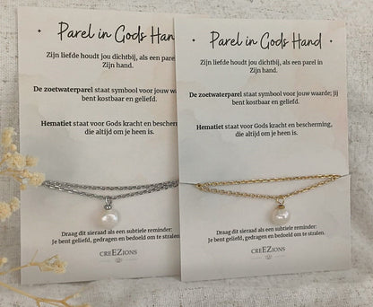 Parel in Gods Hand - Ketting met Zoetwaterparel & Hematiet