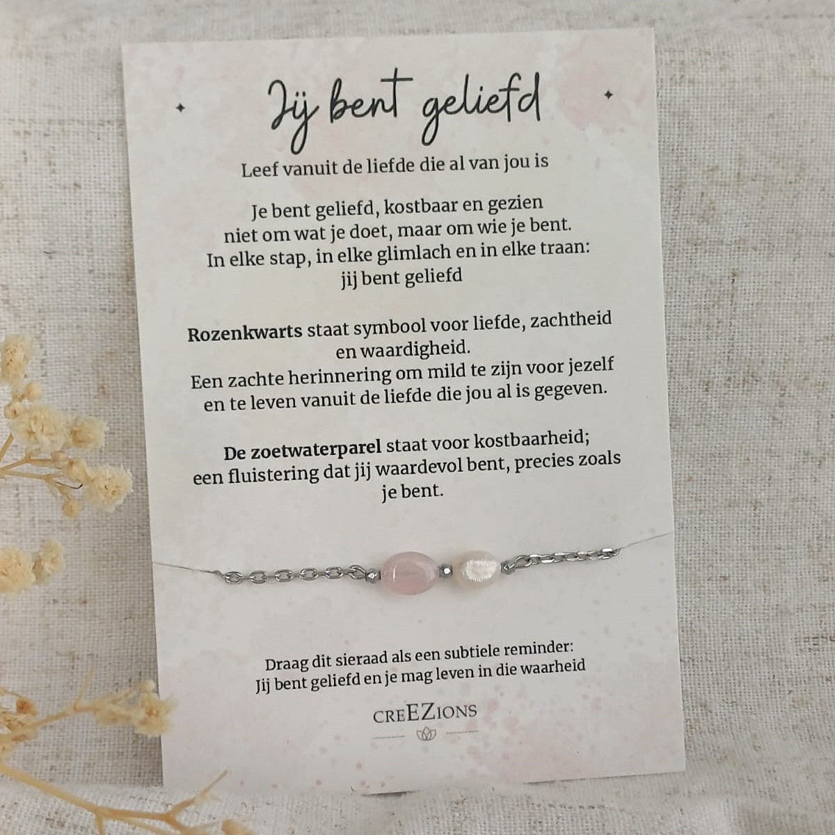 Jij bent geliefd - Armband met Rozenkwarts & Zoetwaterparel