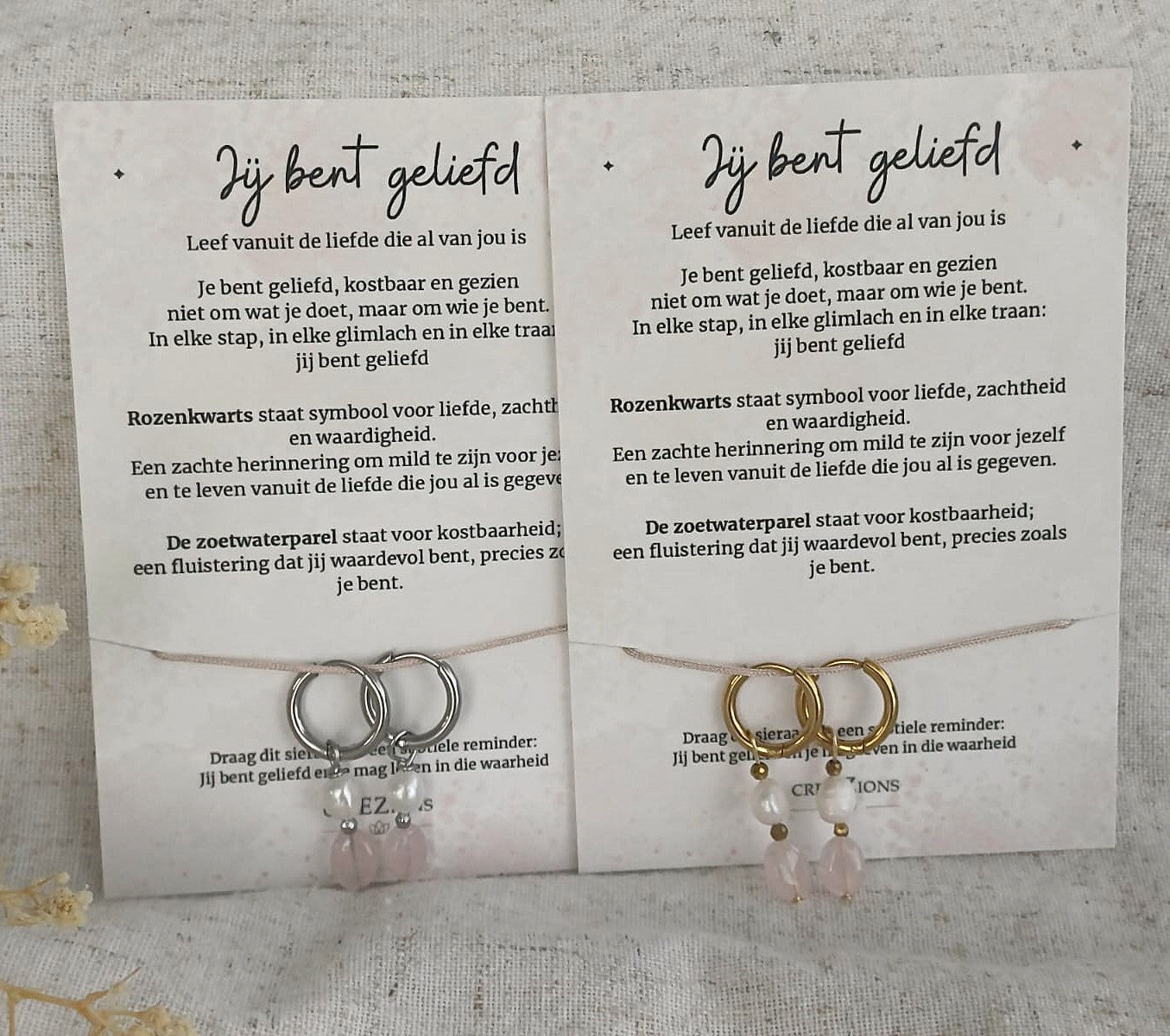Jij bent geliefd – Oorbellen met Rozenkwarts & Zoetwaterparel
