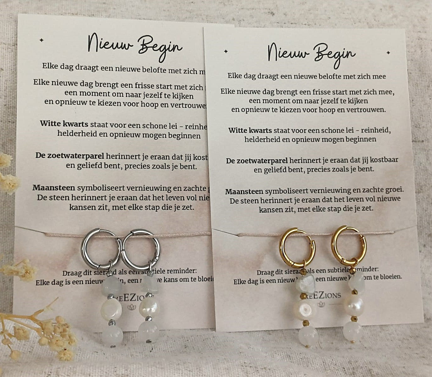 Nieuw Begin – Oorbellen met Maansteen, Witte Kwarts & Zoetwaterparel
