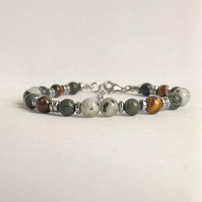 Edelsteen armband met kwarts, tijgeroog en groene jaspis
