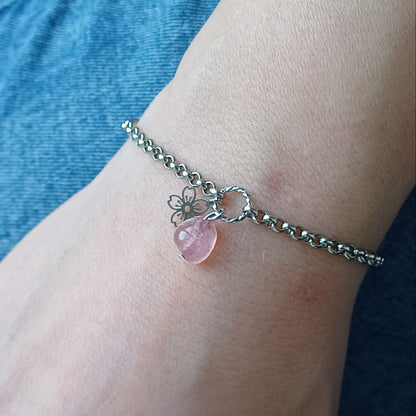 CreEZions RVS armband met bloemetje en roze Jaspis steentje